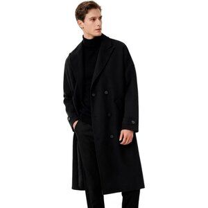 Men's Black 1 Trench Coat Long Sleeve Lapel Overcoat Casual Fall Winter Warm
